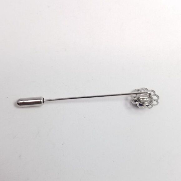 Vintage Little Blue Cabochon Flower Stick Pin, Silver Tone Setting Brooch - Picture 4 of 5